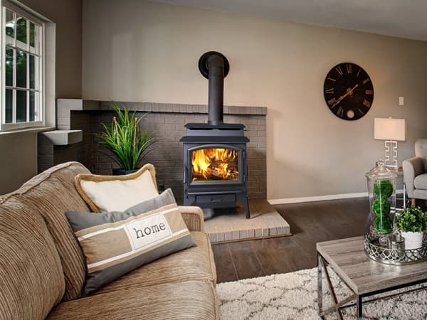 Lopi Endeavor wood stove in living room