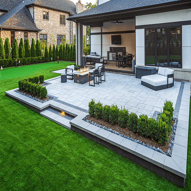 Contemporary backyard patio with firepit
